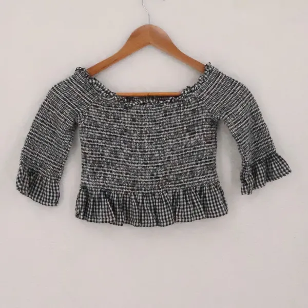 American‎ Eagle Gingham Smocked Crop Top Womens Size XS Black White Cottage - Image 2