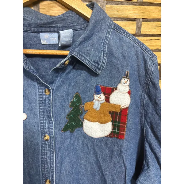 Holiday Editions Denim‎ Snowman Embroidered Button Down Shirt Size 1X - Image 4