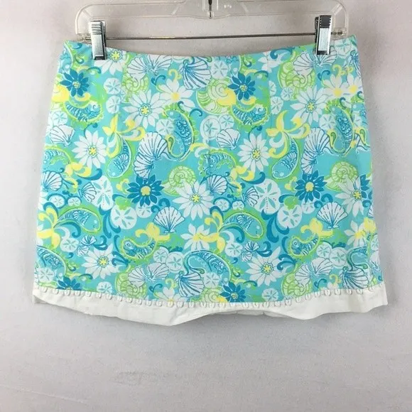 Lilly Pulitzer Blue Floral Shell Beach Coastal Print Skort Shorts Mini Skirt 8 - Image 3