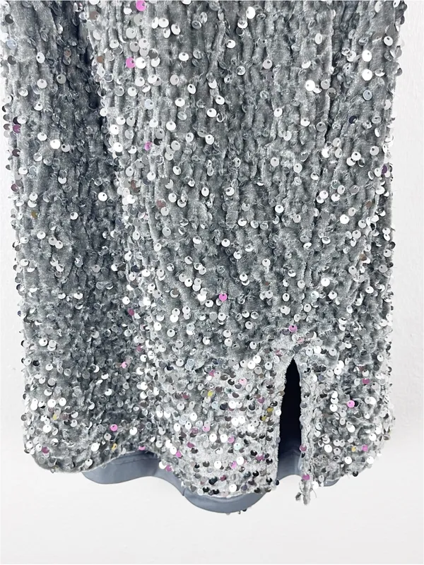 SELFIE LESLIE Gray Sequins Halter Top Low Back Mini Dress Medium Party Date Boho - Image 11