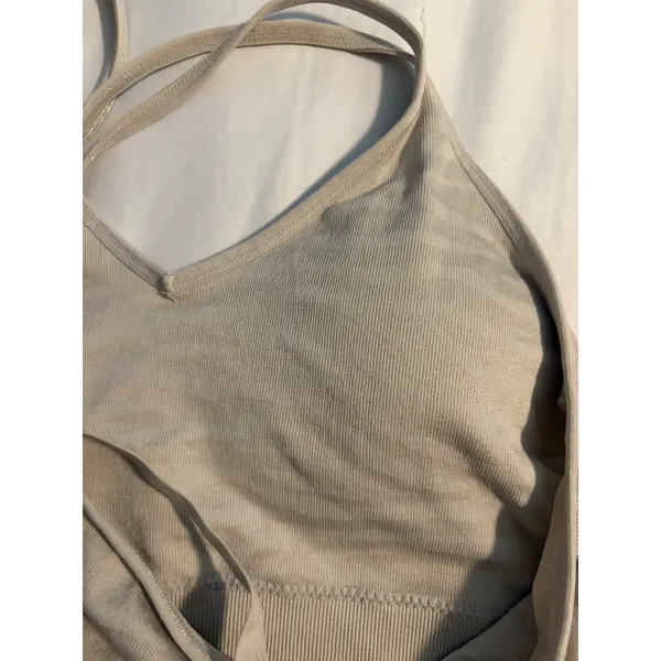 RBX Sports Bra Seamless Camo V-Neck Adjustable Straps Beige Tan Large - Image 4