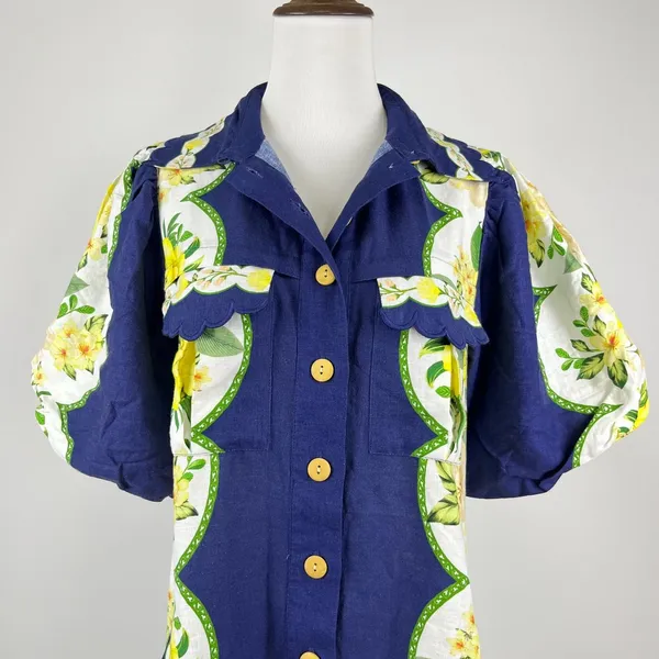 NWOT Farm Rio Linen Blend Blue Scalloped Floral Garden Mini Dress Size XXS/W38 - Image 3