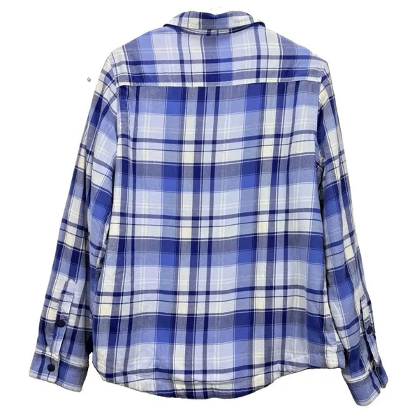LL Bean Blue Plaid Fleece Lined Flannel Snap Shirt Jacket Shacket SMALL - Image 6
