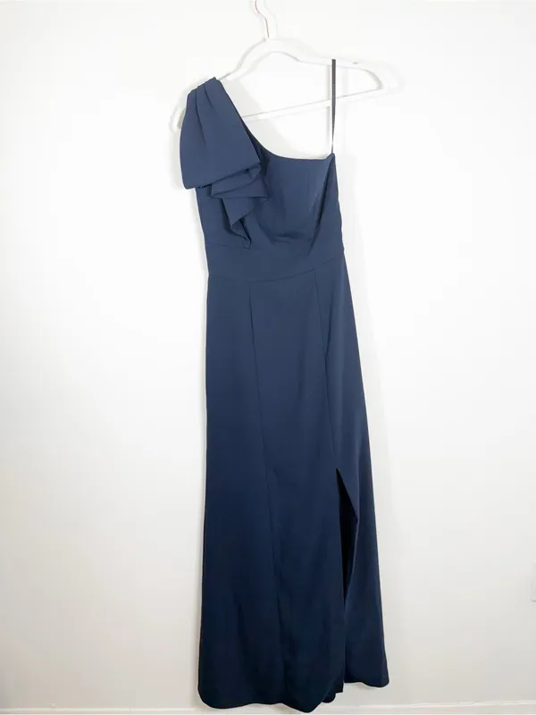 After Six Bow One-Shoulder Trumpet Gown Navy Blue Maxi Dress Size 2 - Image 3