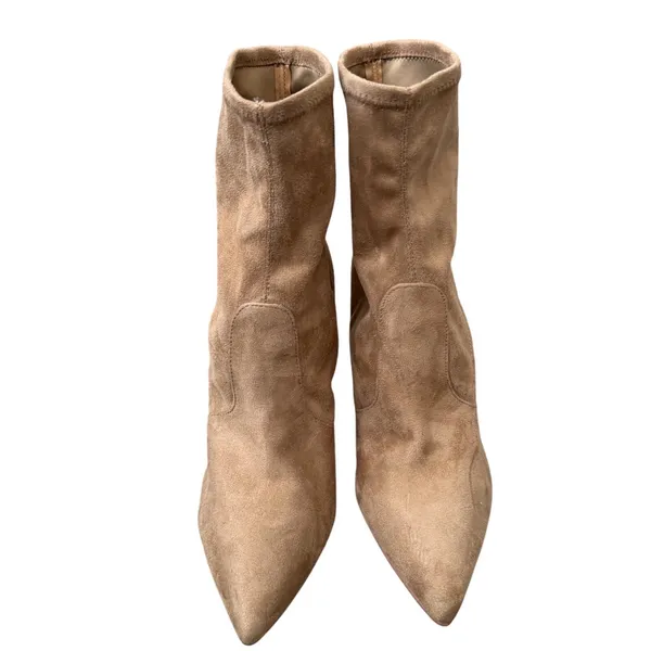 Nine West Reves Tan Faux Suede Pointed Toe Sock Booties Croc Heel Size 10 - Image 4