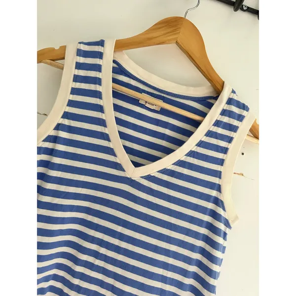 Pact Organic Cotton V-Neck Sleeveless Mini Dress Blue White Striped Womens Small - Image 2