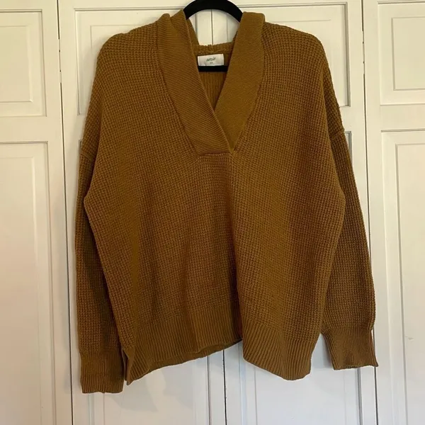Aerie cozy up brown waffled knit hooded sweater size small - Image 3