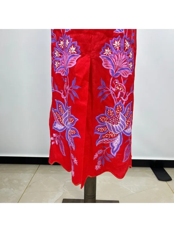 NWOT Farm Rio Red Porcelain Garden Scalloped Linen Midi Skirt Size XS - Image 8