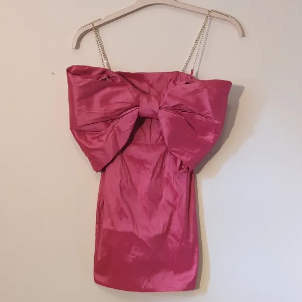 New Nookie Sz XS Pink Reese Big Bow Chain Strap Taffeta Party Mini Dress Barbie - Image 5
