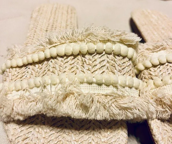 Fringe Straw Boho Sandals Open Toe Slides White Size 6 - Image 11