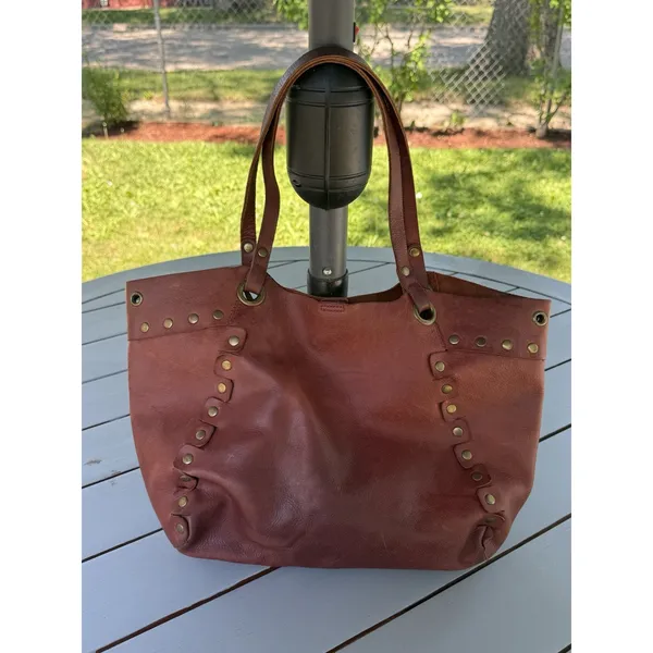 Nine West Vintage America Brown Leather Tote Studded Boho Shoulder Bag Handbag - Image 10