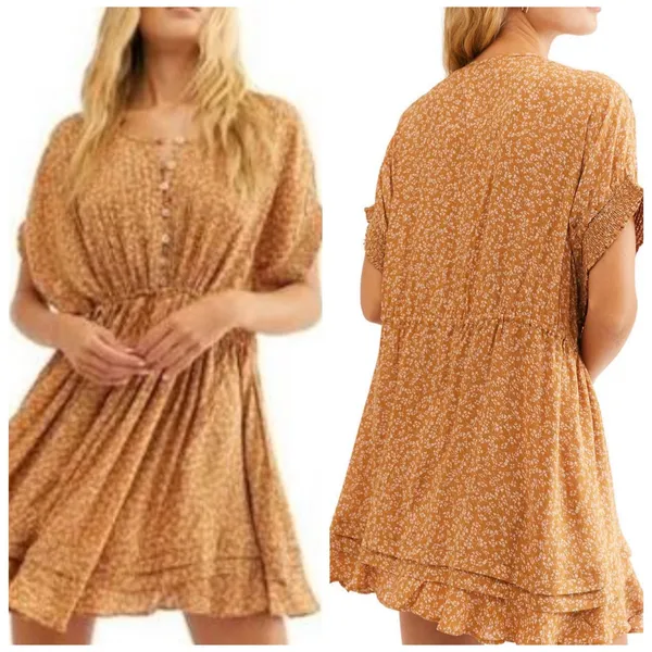 Free‎ People One Fine Day Mini Dress Women S Brown Floral Cottagecore Pleated - Image 2