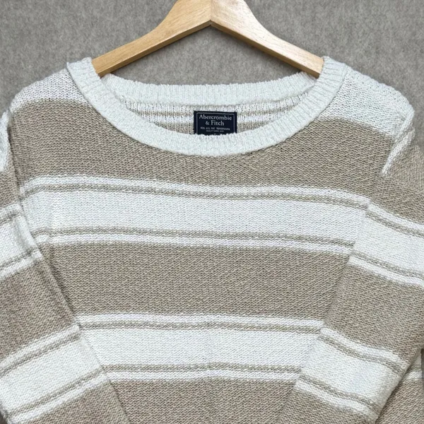 Abercrombie‎ & Fitch Striped Knit Sweater Tan White Small Crew Neck Long Sleeve - Image 4
