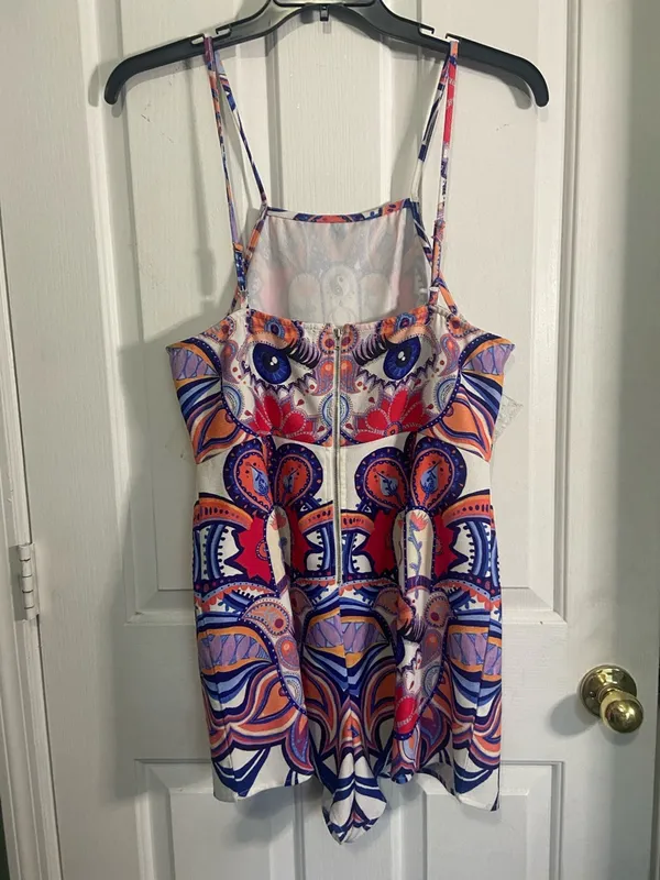 MINKPINK Spaghetti-Strap Mini Romper in Red, Blue & Orange - Image 3