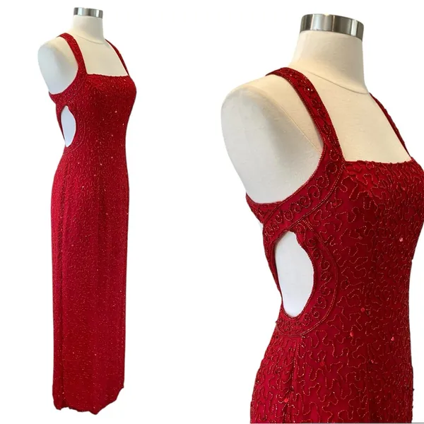 Vintage Sean Collection Red Silk Beaded Gown with Open Back - Image 3