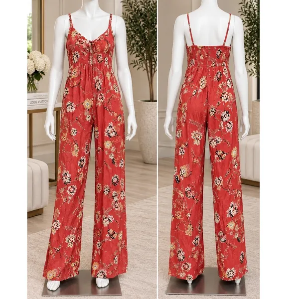 Jase Women Jumpsuit Red Floral Wide Leg Adjustable Straps Size Small - Image 2