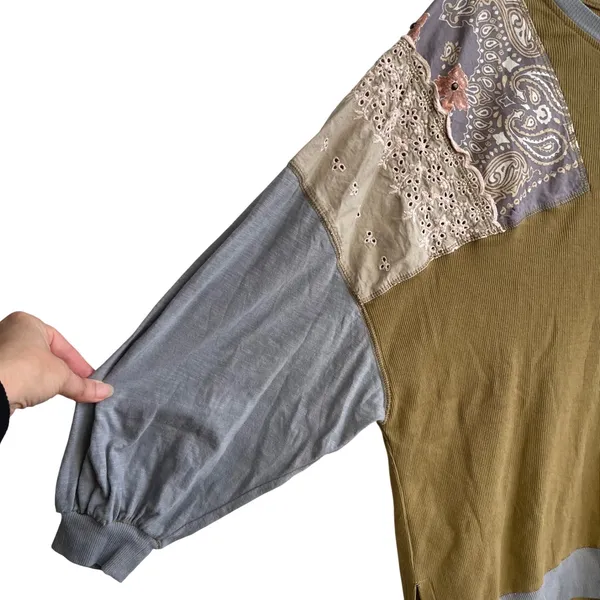 Free‎ People Feeling It Patchwork Sweatshirt Jersey Khaki Blue Paisley Small - Image 7