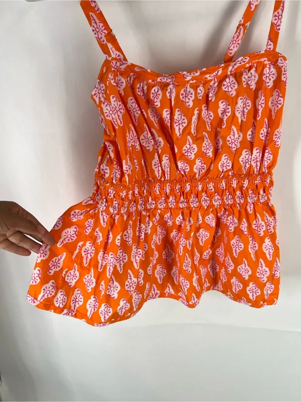 J.Crew Orange Pink Printed Smocked Cami Top Size 8 - Image 4