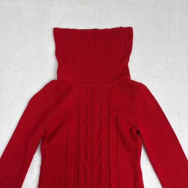 GUESS Cable-Knit Turtleneck Sweater Dress Women's M Red Parisian Holiday Party - Image 3