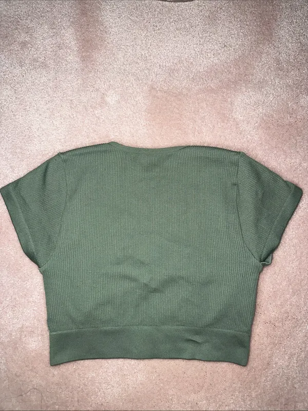 Aerie Superchill Olive Green Ribbed Lace V Neck Cropped Top - Image 3