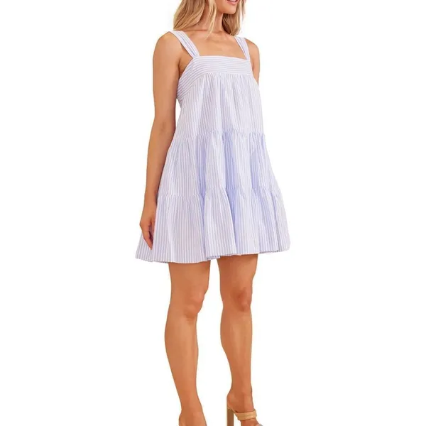 MINKPINK Blue and White Yasamin Cotton Tiered Mini Dress - Image 6