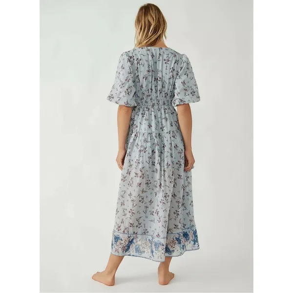 Free People Bohemian Billowy Cottage Lysette Maxi Dress Periwinkle Floral Medium - Image 5