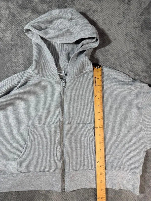 Aritzia TNA Women’s Size 2 Gray Waffle Knit Semi Cropped Full Zip Hoodie Jacket - Image 7