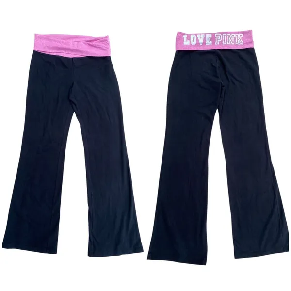 Y2K VS PINK M Foldover Black Flare Leggings Pink Silver Logo Low Rise Vtg - Image 2