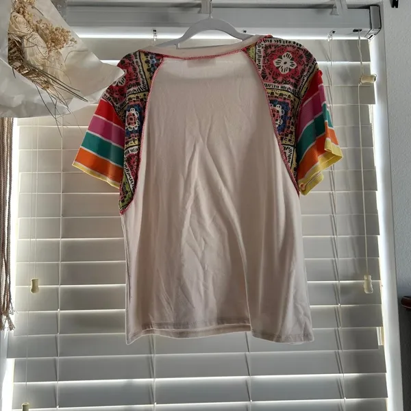 Boho Patchwork Colorful Lived-In Tee artsy eclectic cream Top Medium - Image 3