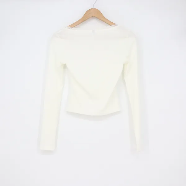 Cream White Ribbed Long Sleeve Lace Trim Bow Square Neck Coquette Top Small - Image 5