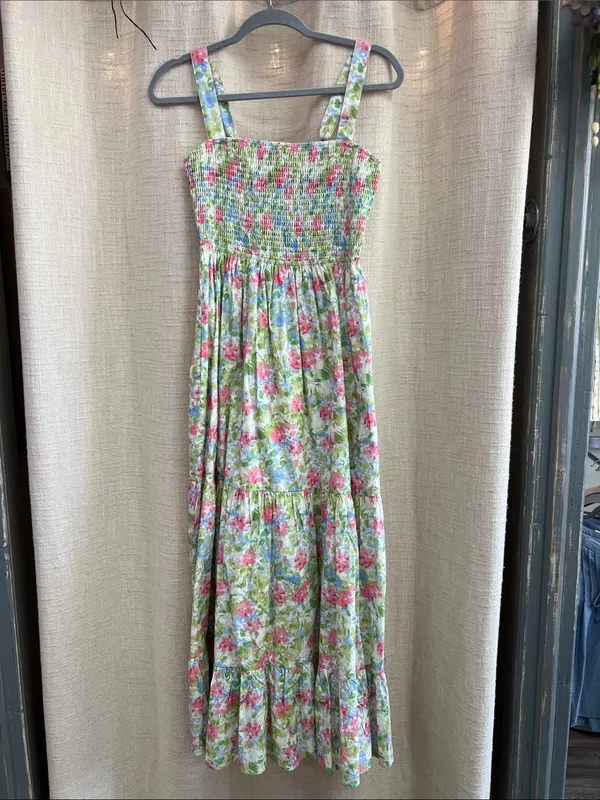 Floral Smocked Tiered Midi Dress Pink Blue Green Print Small - Image 7