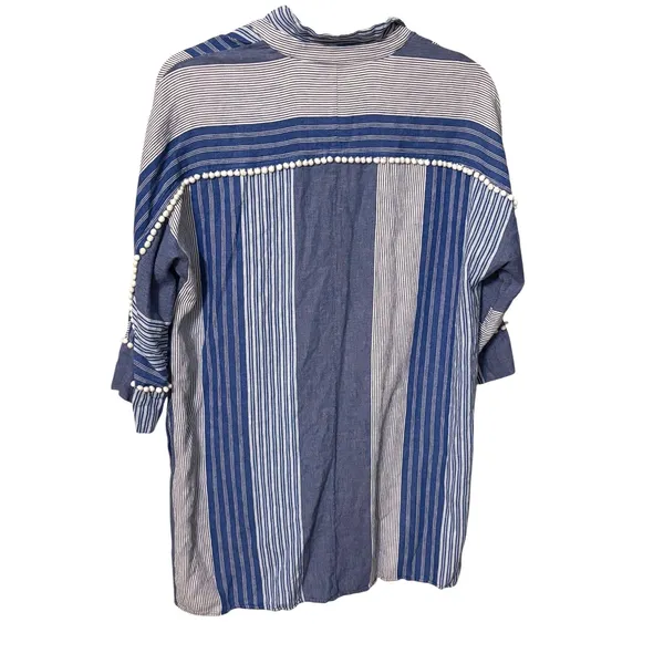 NIC+ZOE Linen Blend Striped Tunic Top Mini Dress Large Blue White Pom Trim - Image 4
