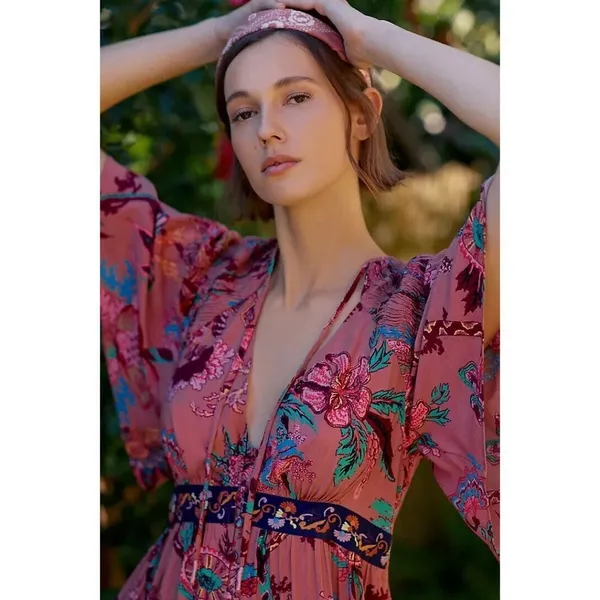 NWT by Anthropologie Ruffled Embroidered Maxi in Pink Floral V-neck Dress S - Image 2