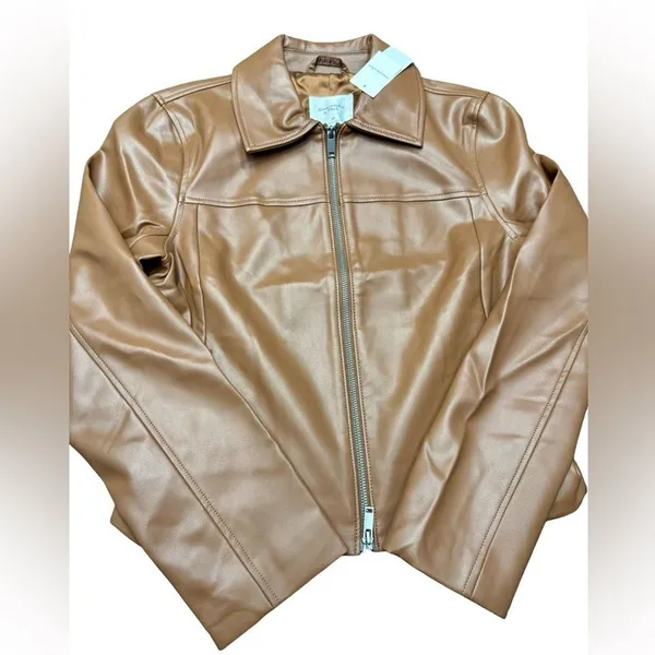 Abercrombie Fitch Vegan Leather Moto Jacket Women Medium Tan Camel NWT - Image 3