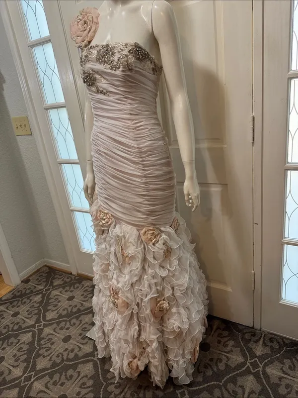 Mac Duggal Strapless Blush Pink Floral Ruffle Mermaid Gown Size 8 - Image 5