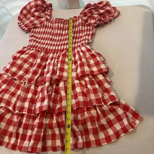 English Factory |Tuckernuck Gingham Puff Sleeve Tiered‎ Dress Medium Tomato Girl - Image 11