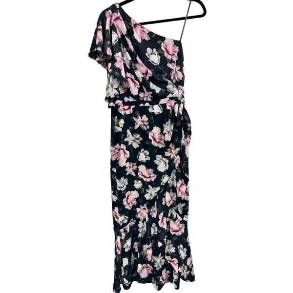 NWT AQUA Formal One Shoulder Ruffle‎ Floral High-Low Midi Dress Black Size 4 - Image 5