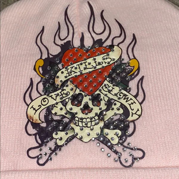 Ed Hardy Beanie embroidered and rhinestones in Blush Pink - Image 5