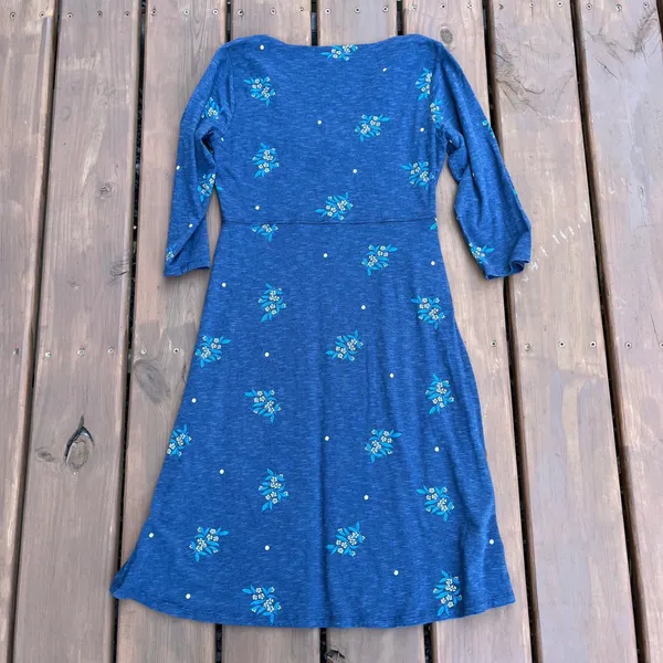 Toad & Co Dress‎ Blue Floral Polka Dot V-Neck Empire Waist 3/4 Sleeve Small - Image 2