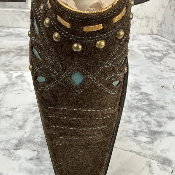 Cole Haan Western Heeled Mules Size 7 Brown Suede Turquoise Studded Butterfly - Image 5