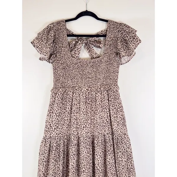 Revolve Majorelle Dress Beige Jade Maxi Cheetah Fit Flare Tiered Smocked Small - Image 8