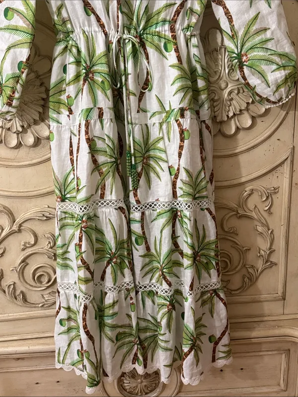 Farm Rio Bohemian Palm Tree Print Cotton Maxi Long Sleeve Dress Size Small - Image 6