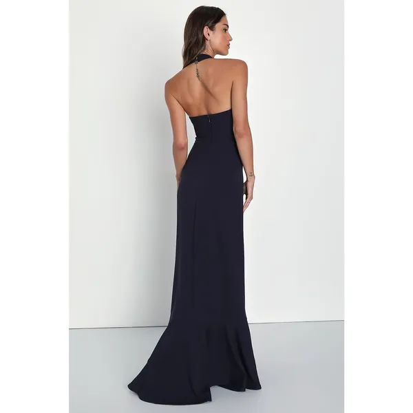 Lulus Majestic Perfection Navy Blue Ruffle Halter Maxi Dress Holiday Party Small - Image 3