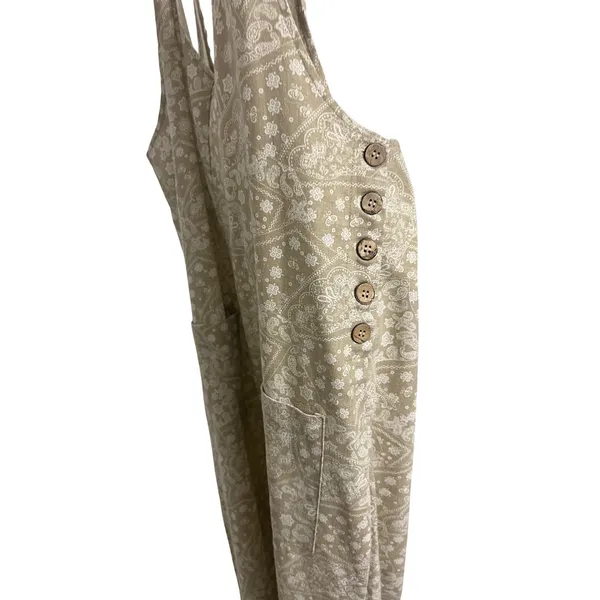Easel Los Angeles Tan Paisley‎ Linen Blend Tie Shoulder Jumpsuit L EB41030 - Image 5
