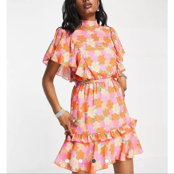 New Twisted Wunder London Orange Happy Floral Ruffle Mini Dress Size 10 - Image 4