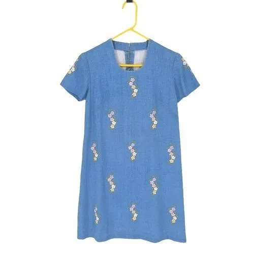 Vintage 60's Floral Embroidered Shift Dress Blue Chambray Size 6/8‎ - Image 2