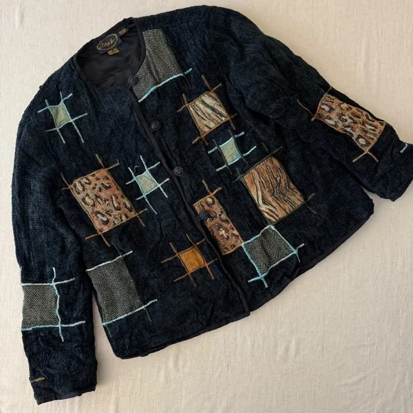 Alex Kin Vintage Patchwork‎ Animal Print Jacket Black Missy Large Art to Wear - Image 8