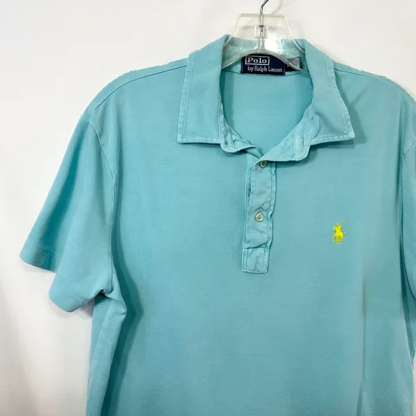 Polo Ralph Lauren Men Medium Polo Shirt Light Blue Yellow Pony Short Sleeve 1520 - Image 2