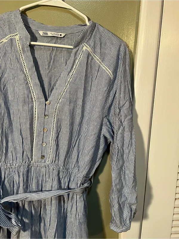 Zara Women's Size Large Mini Shirt Dress Blue White Stripes Crochet Belted Linen - Image 7