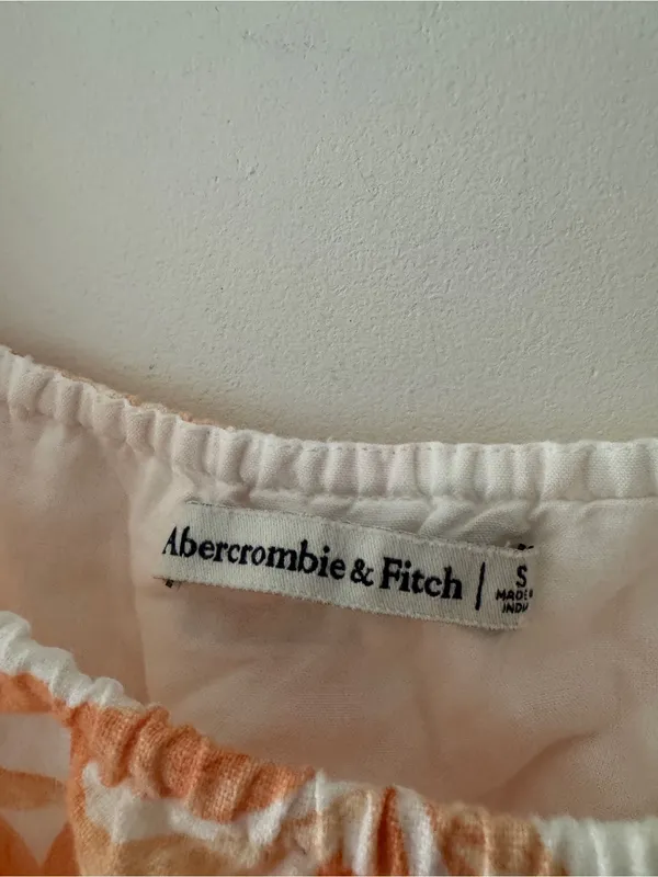 Abercrombie‎ & Fitch Orange and Cream Floral Linen Blend Puff Sleeve Crop Top - Image 5